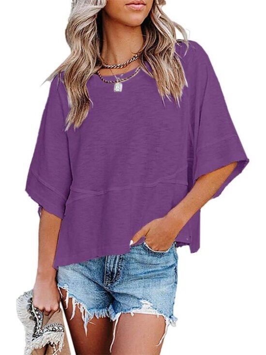 Tops - Women's Purple Casual Crew neck Batwing Half Sleeve T-Shirts Tops Tees Blouses
